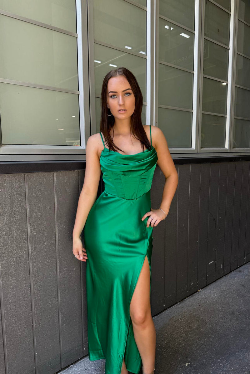 Kiki Satin Maxi - Emerald Corset Split Sexy Semi Formal Dress Cowl Neck Runway Goddess Kiki Satin Maxi - Emerald Corset Split Sexy Semi Formal Dress Cowl Neck Runway Goddess