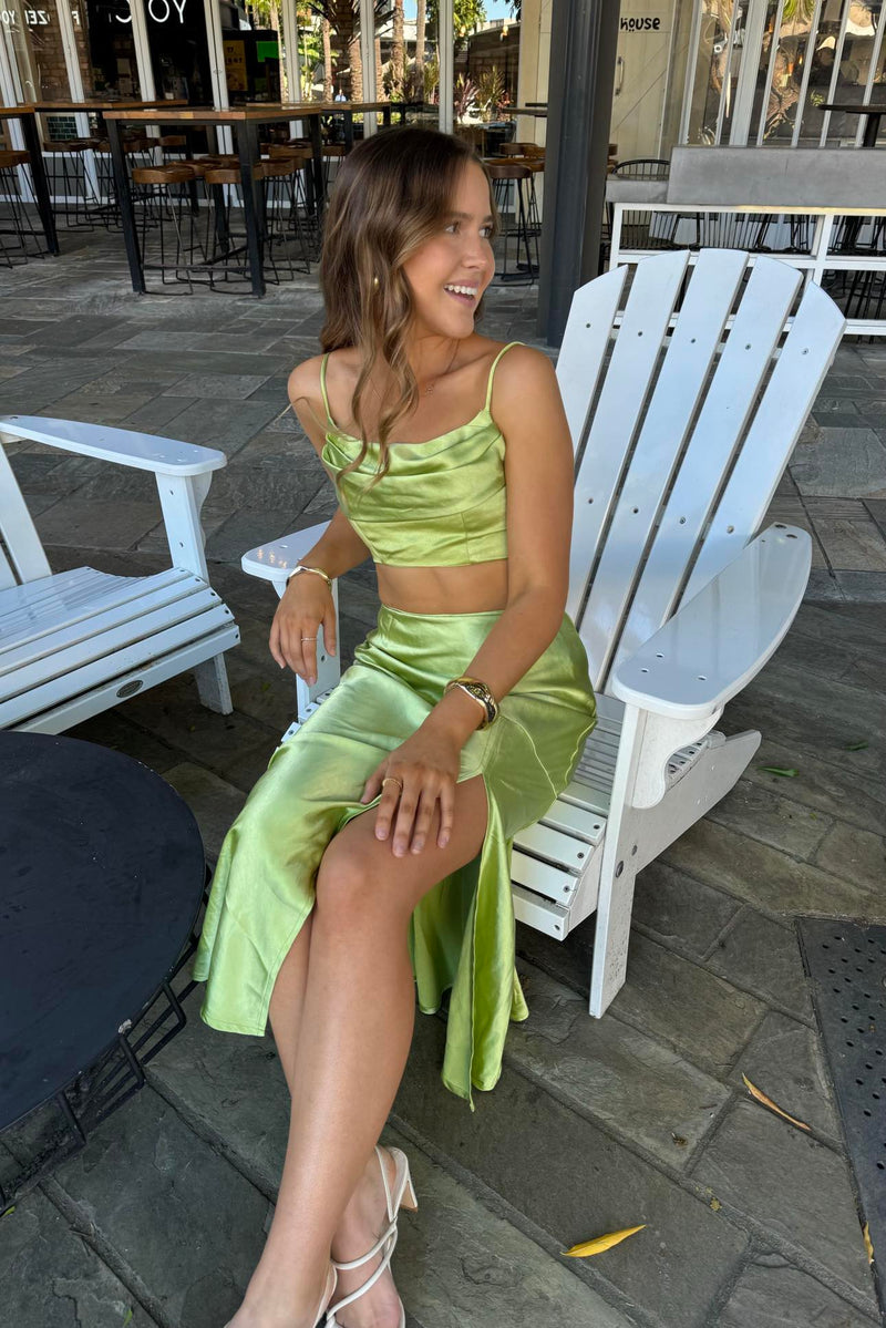 Rihanna Set Top - Lime Green Satin Silk Cowl Neck Crop Cocktail Runway Goddess Rihanna Set Top - Lime Green Satin Silk Cowl Neck Crop Cocktail Runway Goddess