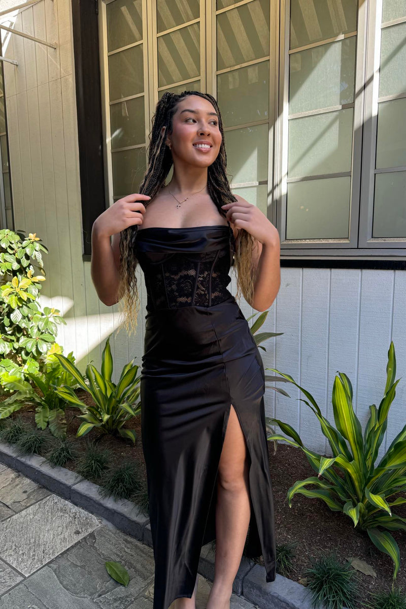 Jolene Formal Gown - Black Strapless Satin Lace Cowl Neck Sexy Dress Runway Goddess Jolene Formal Gown - Black Strapless Satin Lace Cowl Neck Sexy Dress Runway Goddess