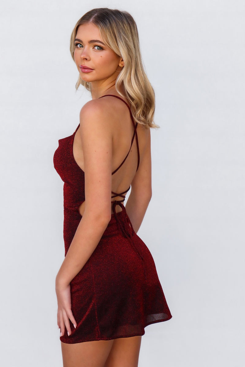 Abby Mini Shimmer Stretch Nightclub Bodycon Dress - Red Lace-up Runway Goddess Abby Mini Shimmer Stretch Nightclub Bodycon Dress - Red Lace-up Runway Goddess