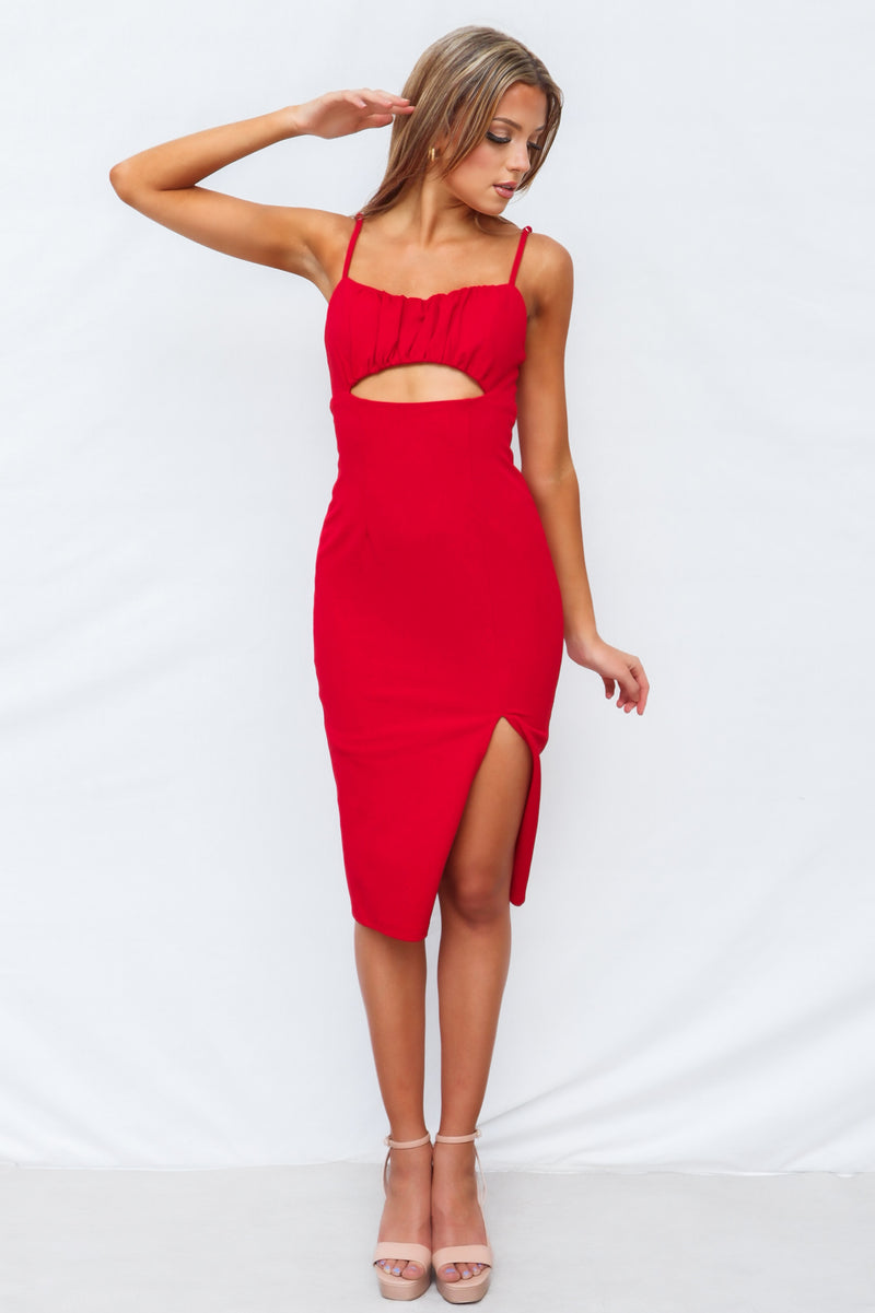 Alyza Midi Dress - Red Ruched Bust Stomach Cutout Bodycon Slit Sexy Runway Goddess Alyza Midi Dress - Red Ruched Bust Stomach Cutout Bodycon Slit Sexy Runway Goddess