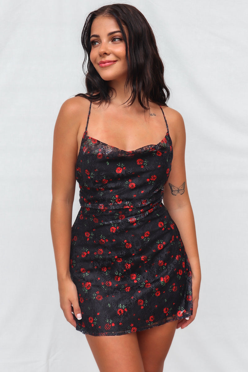 Charly Mini Dress - Black Roses Cowl Neck Party Nightclub Lace Up Back Runway Goddess Charly Mini Dress - Black Roses Cowl Neck Party Nightclub Lace Up Back Runway Goddess
