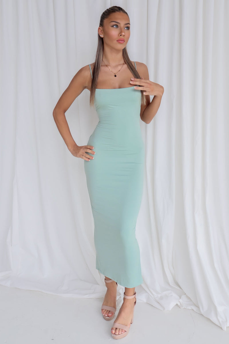 Debbie Midi Dress - Mint Chic Skims Semi Formal Cocktail Twist Back Runway Goddess Debbie Midi Dress - Mint Chic Skims Semi Formal Cocktail Twist Back Runway Goddess