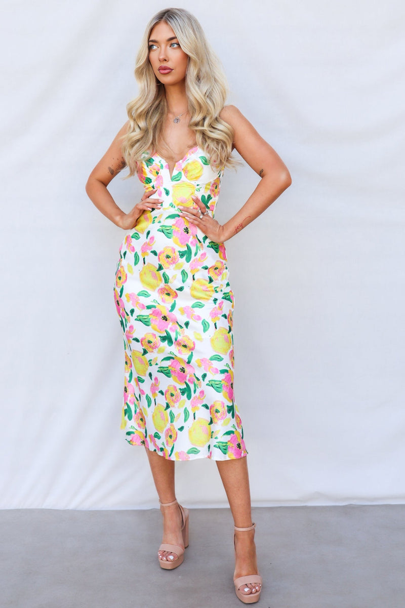 Essie Midi Dress - Yellow Pink White Floral Print Spring Day Out Dress Runway Goddess Essie Midi Dress - Yellow Pink White Floral Print Spring Day Out Dress Runway Goddess