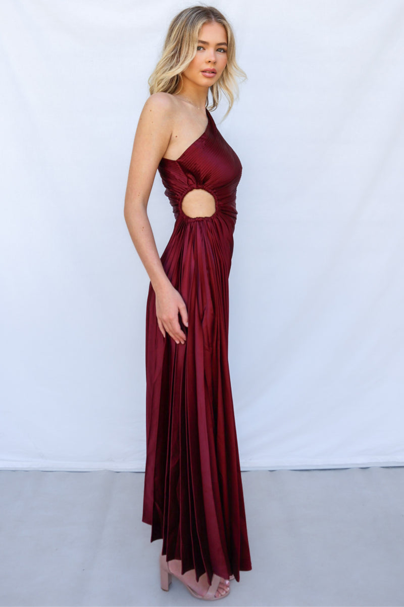 Finnley Formal Dress - Pleated Maxi Satin One Shoulder Waist Cutout Runway Goddess Finnley Formal Dress - Pleated Maxi Satin One Shoulder Waist Cutout Runway Goddess