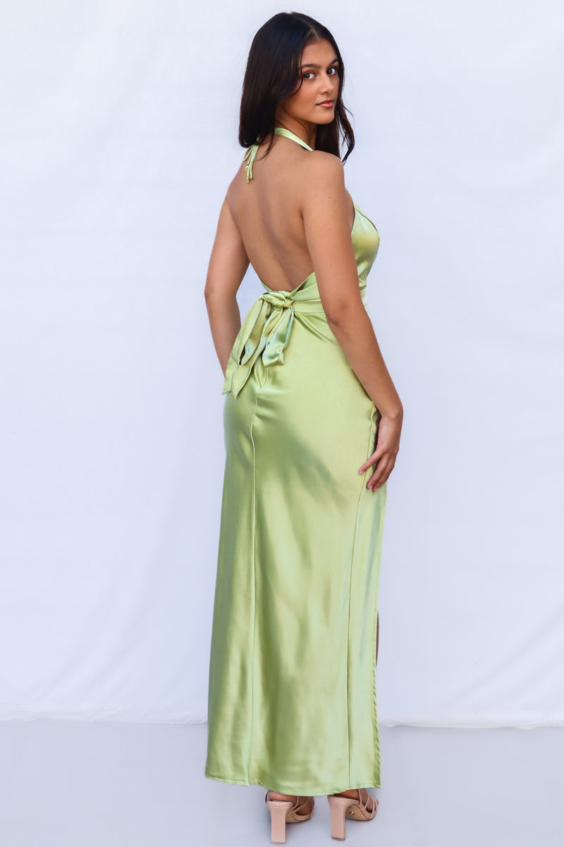 Hadleigh Maxi Dress - Green Satin Formal Halter Neck Cocktail Slit Runway Goddess Hadleigh Maxi Dress - Green Satin Formal Halter Neck Cocktail Slit Runway Goddess