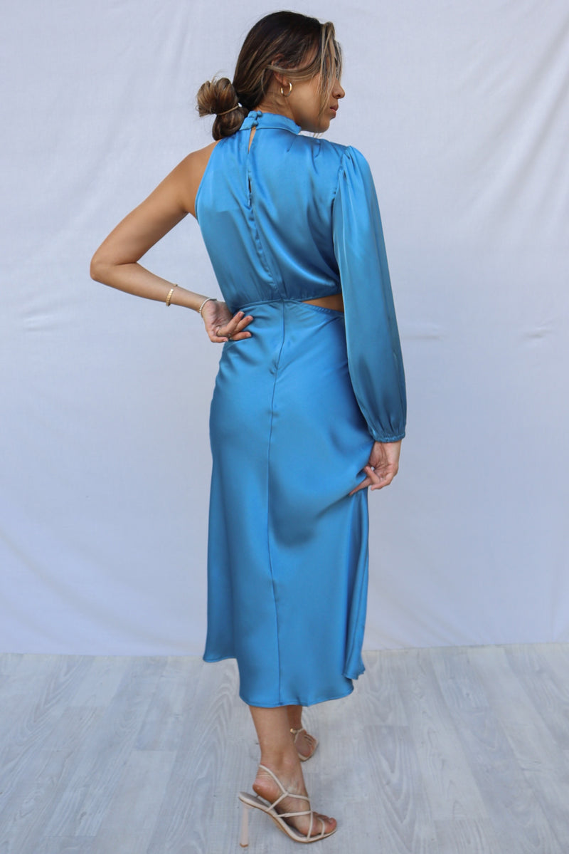 Melanie Midi Dress - Steel Blue Semi Formal Cocktail High Neck Satin Runway Goddess Melanie Midi Dress - Steel Blue Semi Formal Cocktail High Neck Satin Runway Goddess