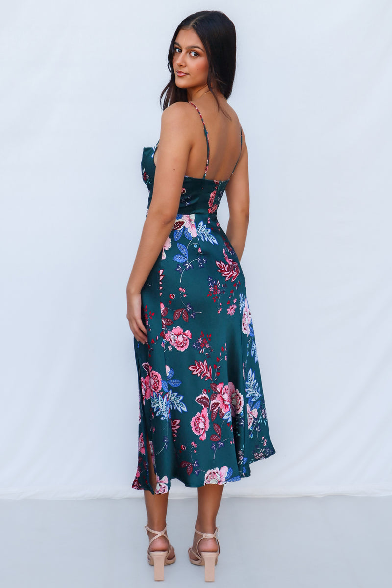 Verlaine Midi Dress - Forest Green Floral Cowl Neck Earthy Spring Runway Goddess Verlaine Midi Dress - Forest Green Floral Cowl Neck Earthy Spring Runway Goddess