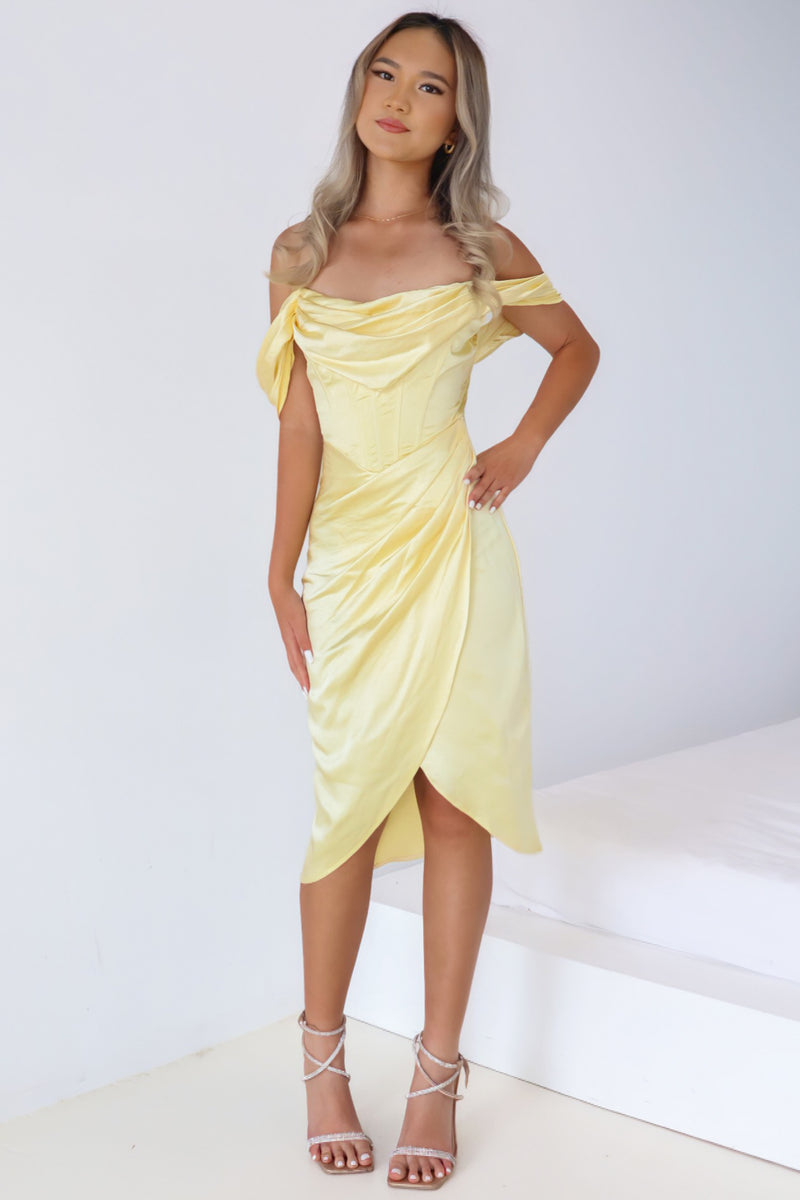 Anastasia Midi Dress - Yellow Satin Corset Off Shoulder Cowlneck Formal –  Runway Goddess
