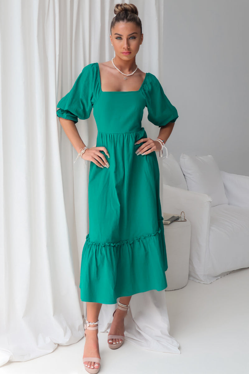 Cecilia Midi Dress - Short Sleeve Emerald Green Festival Cotton Summer Runway Goddess Cecilia Midi Dress - Short Sleeve Emerald Green Festival Cotton Summer Runway Goddess