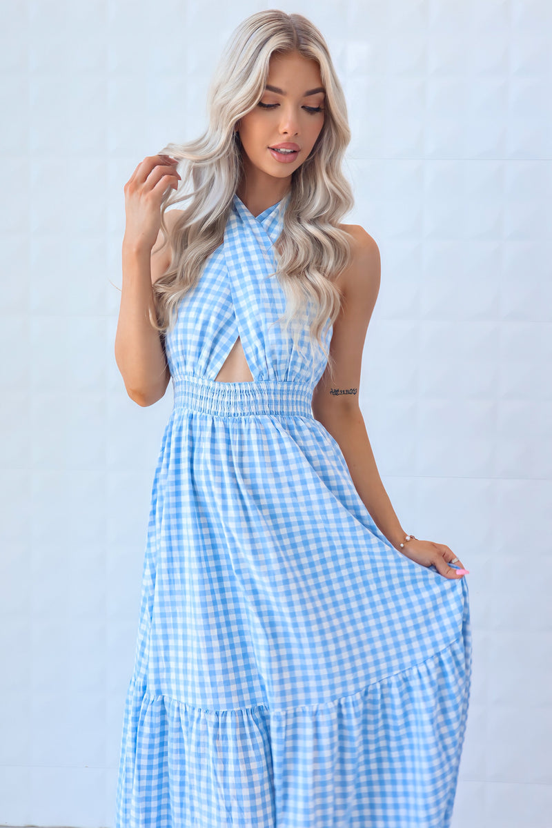 Chelsea Maxi Gingham Baby Blue and White Dress Festival Cotton Summer Runway Goddess Chelsea Maxi Gingham Baby Blue and White Dress Festival Cotton Summer Runway Goddess