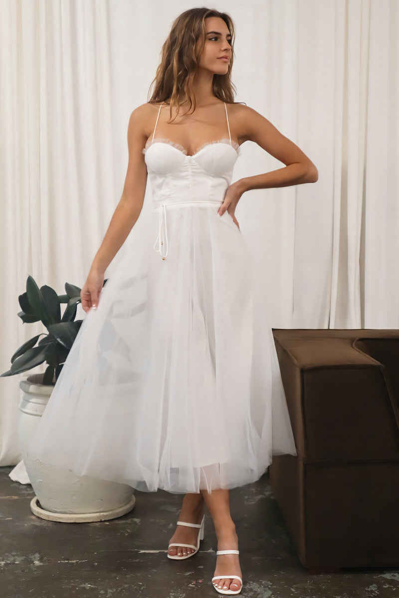 Cindy Tulle Midi - Cute Chic Corset Cups Tulle Formal White Dress Runway Goddess Cindy Tulle Midi - Cute Chic Corset Cups Tulle Formal White Dress Runway Goddess