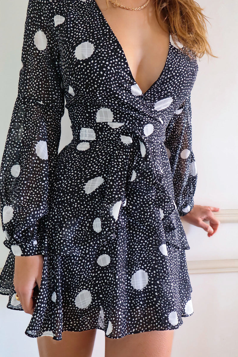 Dawn Mini Dress - Black Spotted Print Long Sleeve Cute Winter Runway Goddess Dawn Mini Dress - Black Spotted Print Long Sleeve Cute Winter Runway Goddess