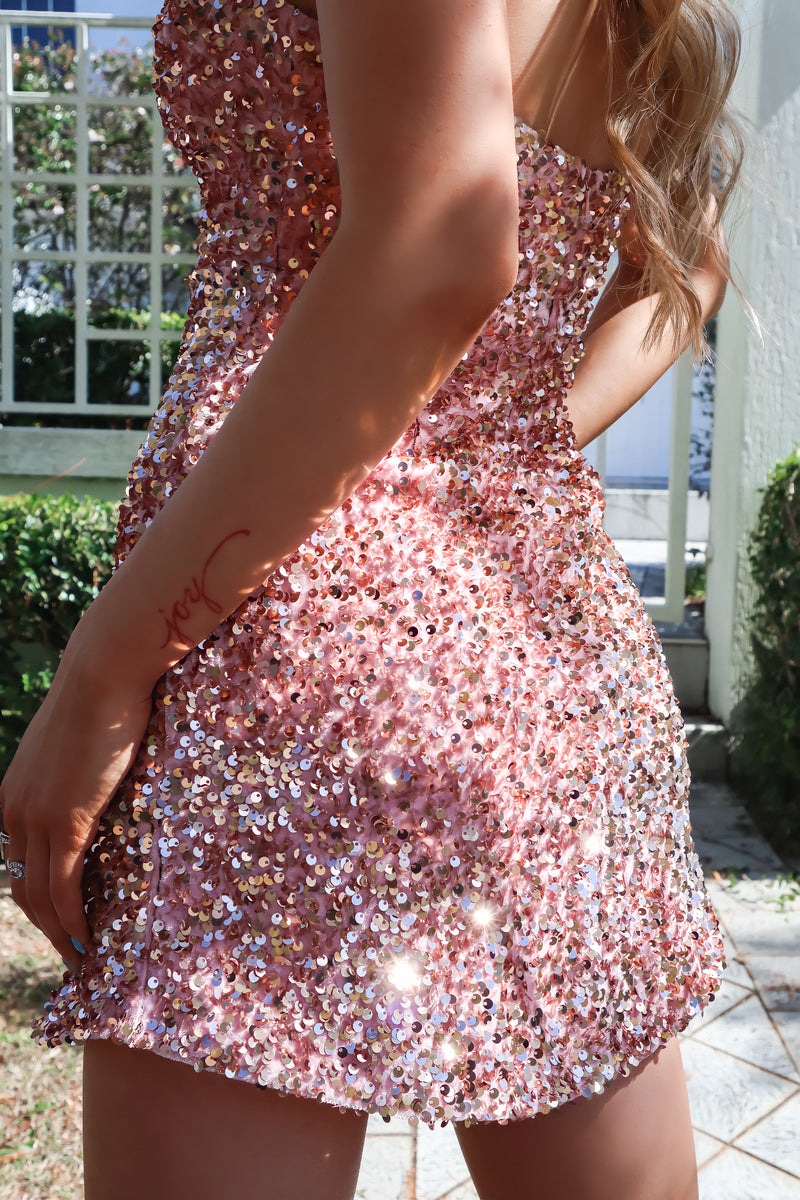 Galaxy Sequin Dress - Rose Gold Blush Pink Sparkly Birthday Mini Runway Goddess Galaxy Sequin Dress - Rose Gold Blush Pink Sparkly Birthday Mini Runway Goddess