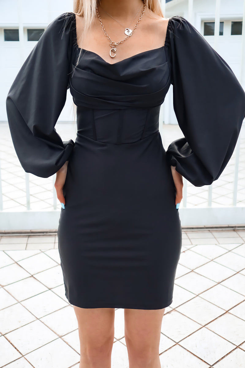 Joel Satin Dress - Black Long Sleeve Semi Formal Cocktail Mini Bodycon Runway Goddess Joel Satin Dress - Black Long Sleeve Semi Formal Cocktail Mini Bodycon Runway Goddess