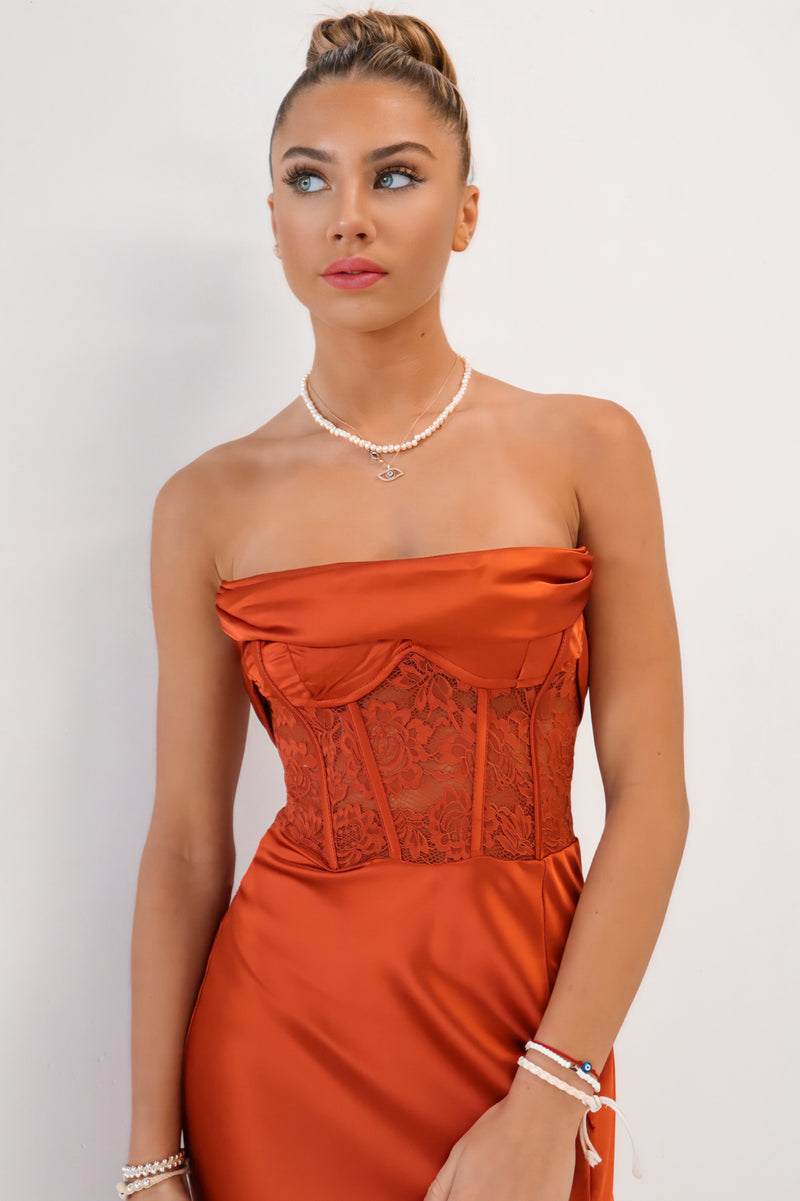 Jolene Formal Gown - Rust Brown Strapless Satin Lace Cowl Neck Sexy Dress Runway Goddess Jolene Formal Gown - Rust Brown Strapless Satin Lace Cowl Neck Sexy Dress Runway Goddess