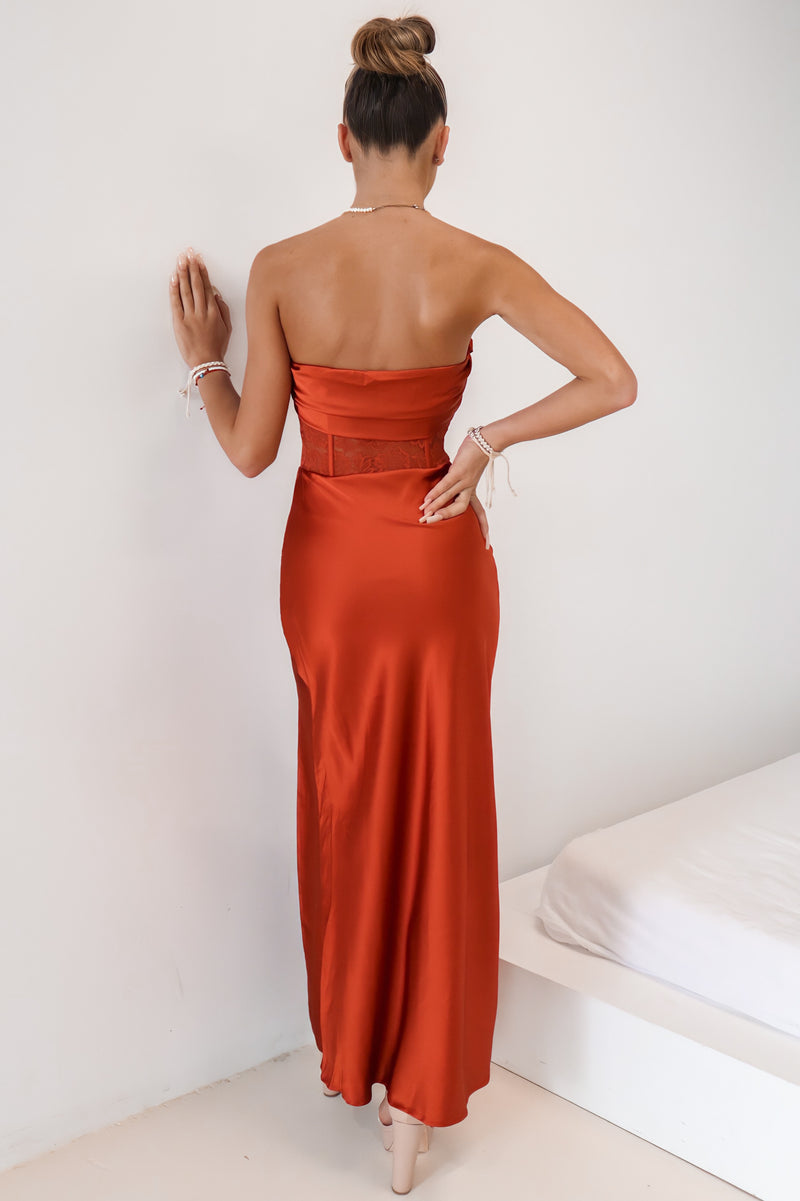Jolene Formal Gown - Rust Brown Strapless Satin Lace Cowl Neck Sexy Dress Runway Goddess Jolene Formal Gown - Rust Brown Strapless Satin Lace Cowl Neck Sexy Dress Runway Goddess