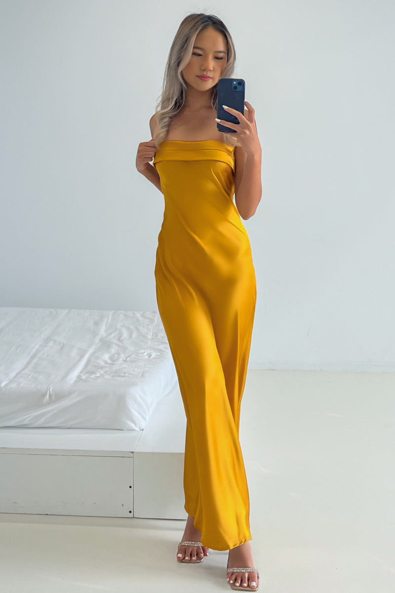 Kyra Maxi Dress Satin Yellow Mustard Strapless Semi Formal