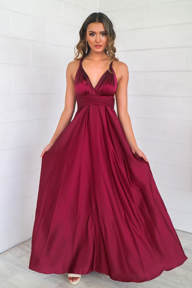 Pandora Multiway Gown - Wine Satin Bridesmaid Formal Dress Runway Goddess Pandora Multiway Gown - Wine Satin Bridesmaid Formal Dress Runway Goddess