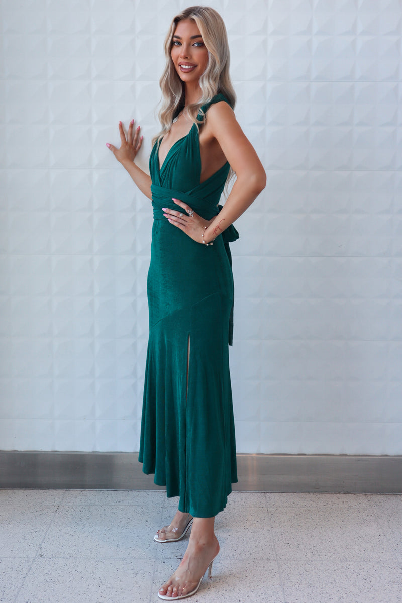 Secrets Multiway Midi Dress - Emerald Stretch Shimmer Bridesmaid Formal Runway Goddess Secrets Multiway Midi Dress - Emerald Stretch Shimmer Bridesmaid Formal Runway Goddess