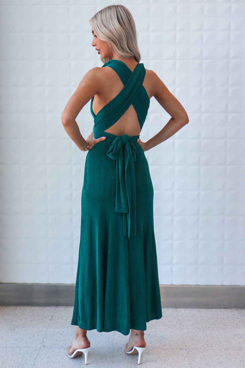 Secrets Multiway Midi Dress - Emerald Stretch Shimmer Bridesmaid Formal Runway Goddess Secrets Multiway Midi Dress - Emerald Stretch Shimmer Bridesmaid Formal Runway Goddess