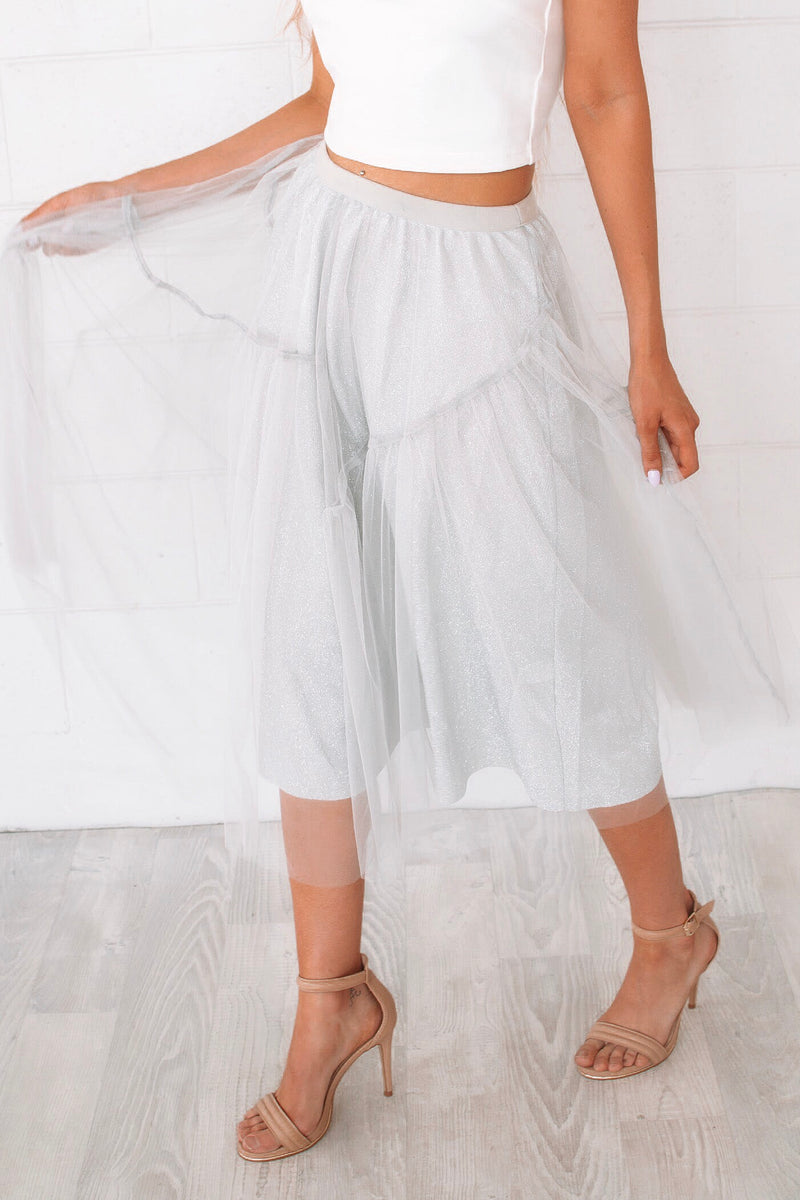 Silver tulle midi skirt sale