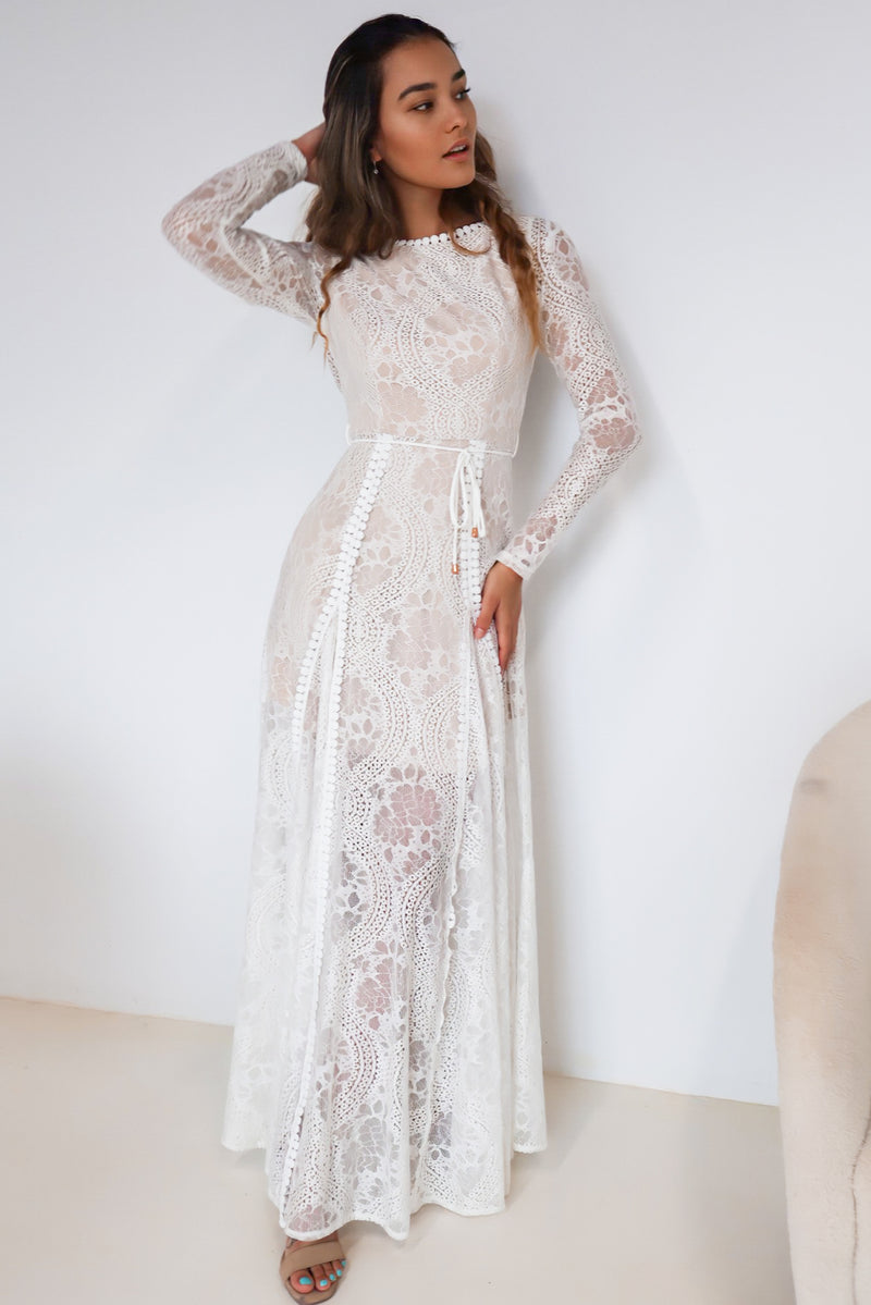 Stunning Formal Tilly Lace Maxi Dress White Long Sleeve – Runway