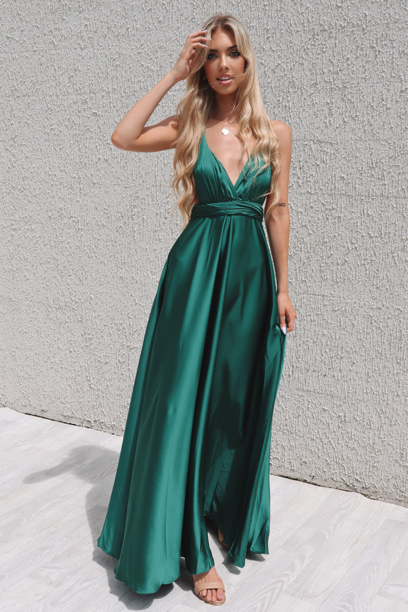Pandora Multiway Gown - Green Satin Bridesmaid Formal Dress Runway Goddess Pandora Multiway Gown - Green Satin Bridesmaid Formal Dress Runway Goddess