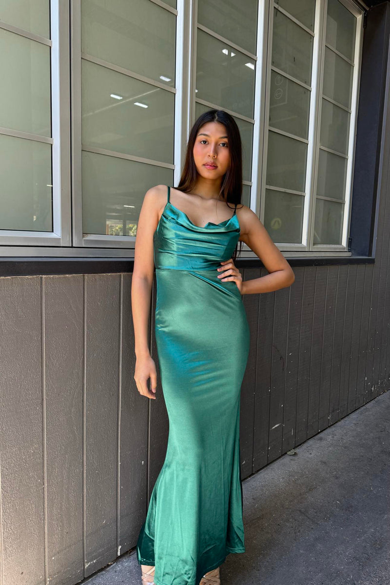 Hollywood Formal Gown - Emerald Green Satin Cocktail Maxi Bodycon Runway Goddess Hollywood Formal Gown - Emerald Green Satin Cocktail Maxi Bodycon Runway Goddess
