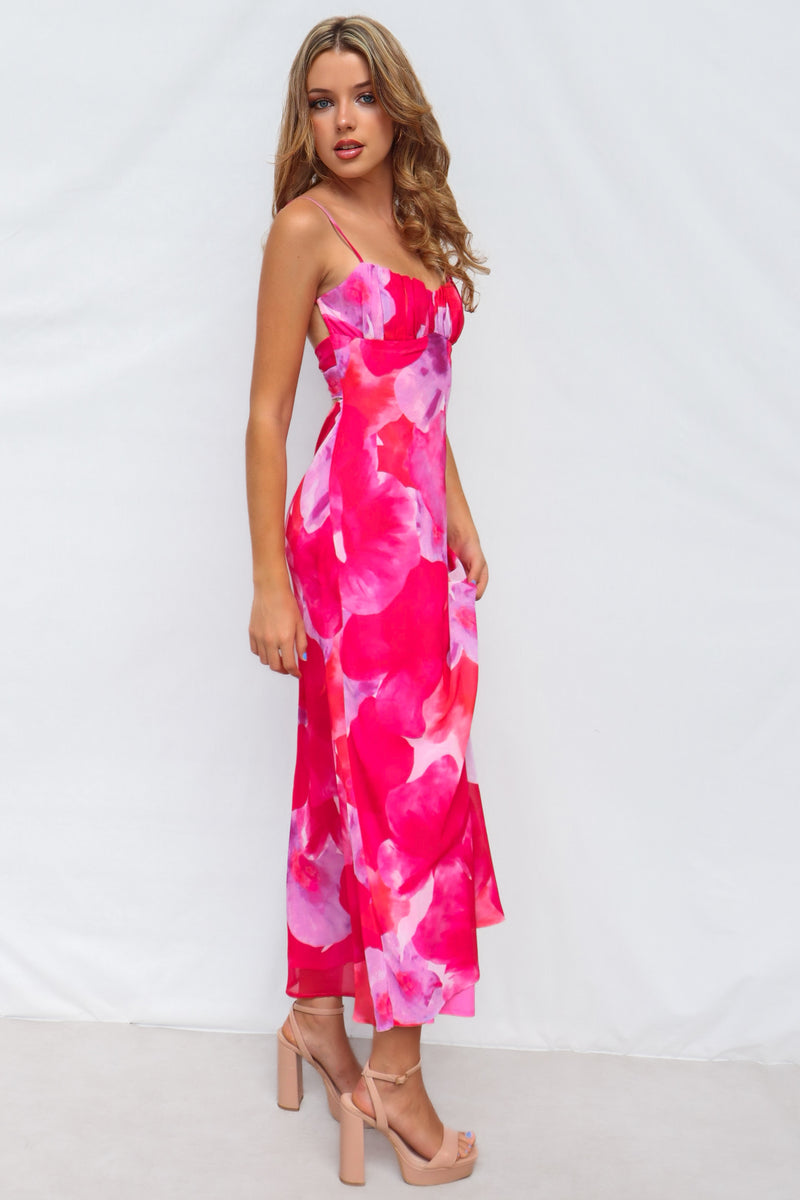 Anna Midi Dress - Pink Straight Neck Twist Back Summer Semi Formal Runway Goddess Anna Midi Dress - Pink Straight Neck Twist Back Summer Semi Formal Runway Goddess