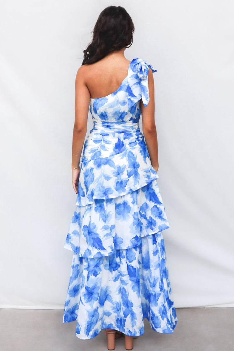 Antonia Maxi Dress - Blue Floral One Shoulder Bow Tie Tiered Skirt Runway Goddess Antonia Maxi Dress - Blue Floral One Shoulder Bow Tie Tiered Skirt Runway Goddess