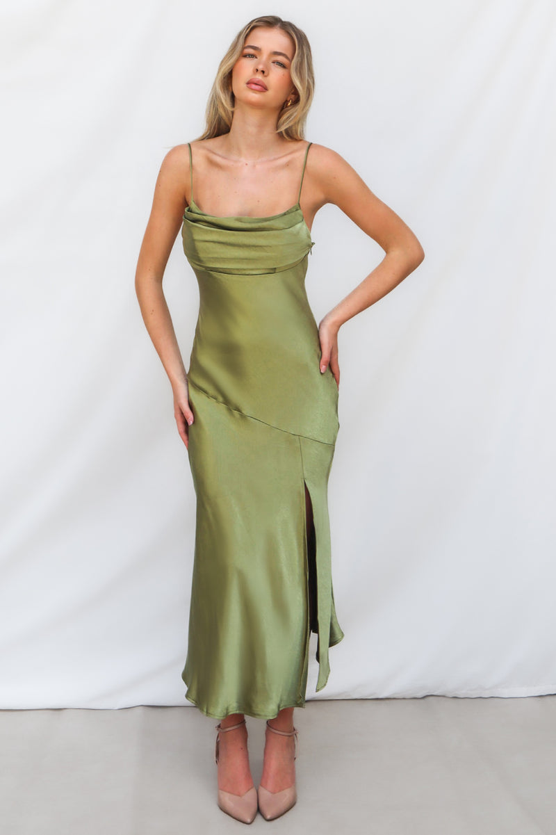 Celine Satin Midi - Olive Green Semi Formal Party Celebration Dress Runway Goddess Celine Satin Midi - Olive Green Semi Formal Party Celebration Dress Runway Goddess