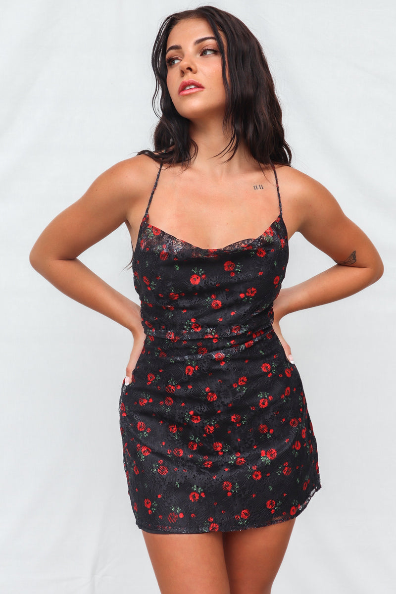 black dress with small red roses Daxita Dress in Romantic Red Rose Flock