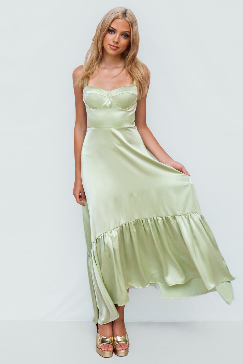 Charming Maxi Dress - Pistachio Green Formal Padded Bust Satin Cocktail Runway Goddess Charming Maxi Dress - Pistachio Green Formal Padded Bust Satin Cocktail Runway Goddess