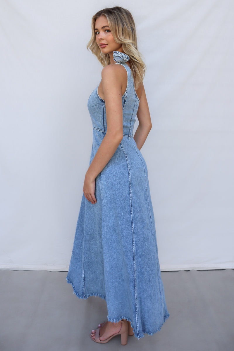 Eliza Midi Dress - Denim Blue One Shoulder Rosette Fit & Flare Brunch Runway Goddess Eliza Midi Dress - Denim Blue One Shoulder Rosette Fit & Flare Brunch Runway Goddess