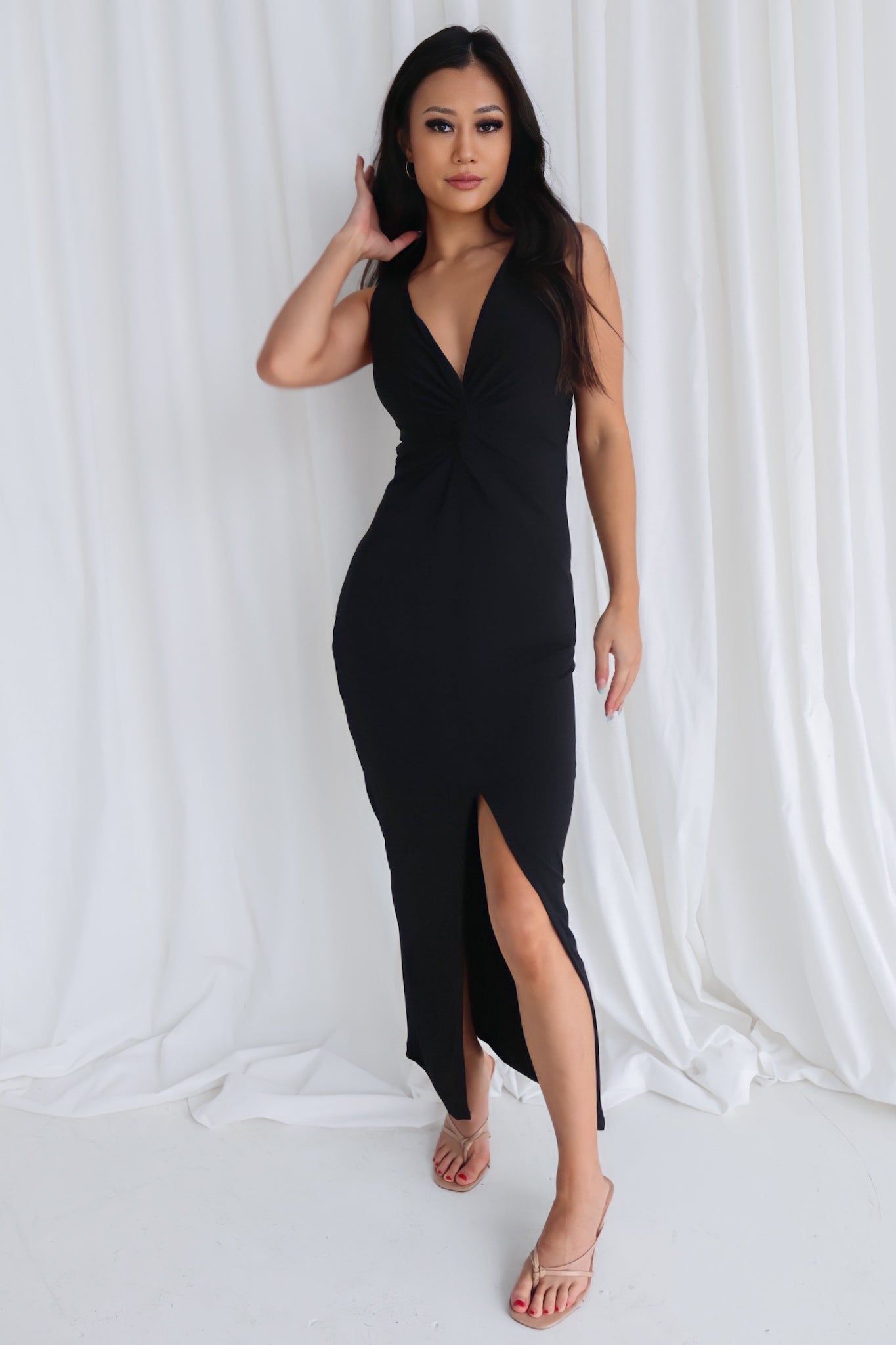janet slit midi dress Francesca's Janet Rib Knit Open Back Twist Midi Dress