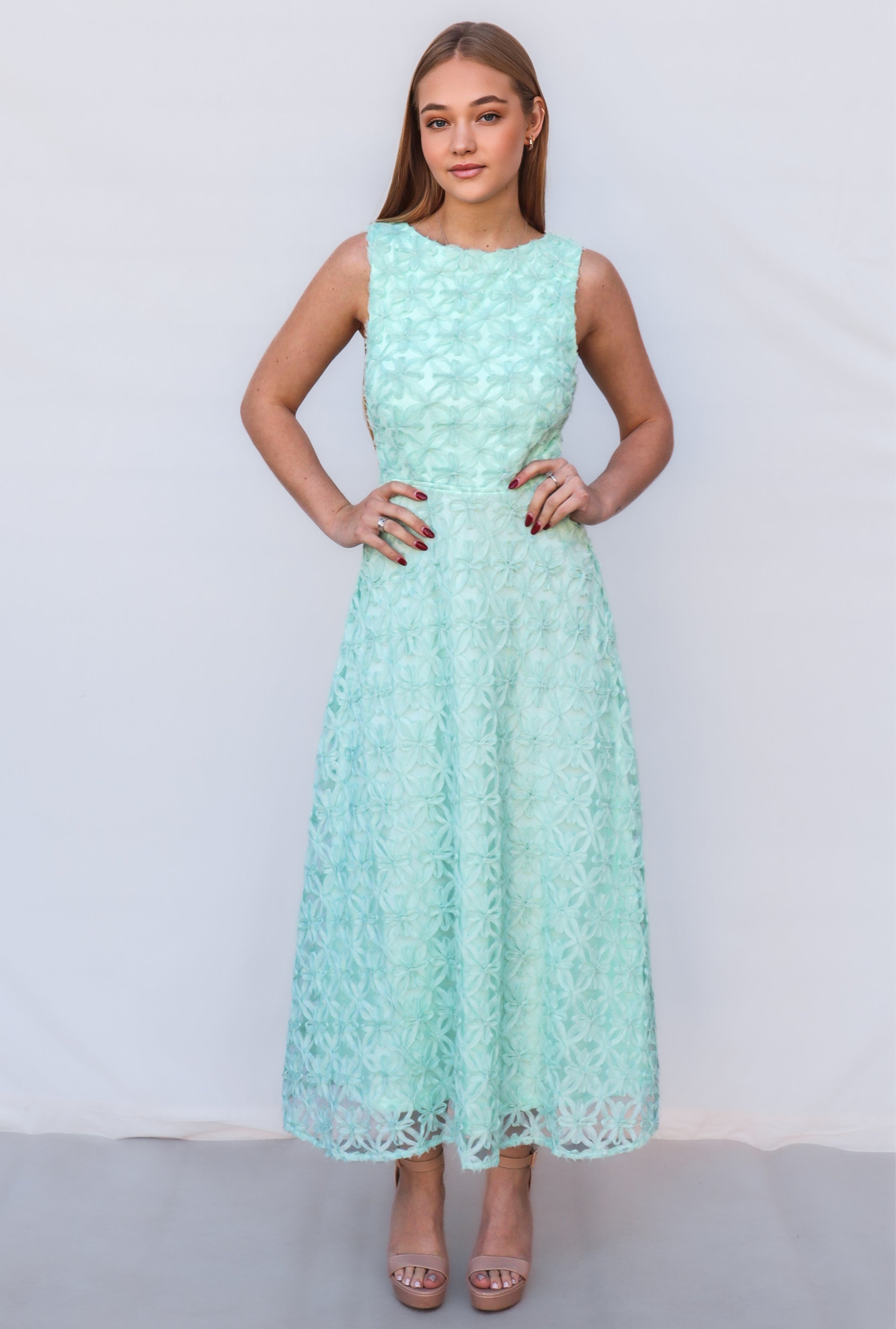 Levi Midi Dress - Mint High Neck Lace Tulle Cocktail Party Formal Runway Goddess Levi Midi Dress - Mint High Neck Lace Tulle Cocktail Party Formal Runway Goddess