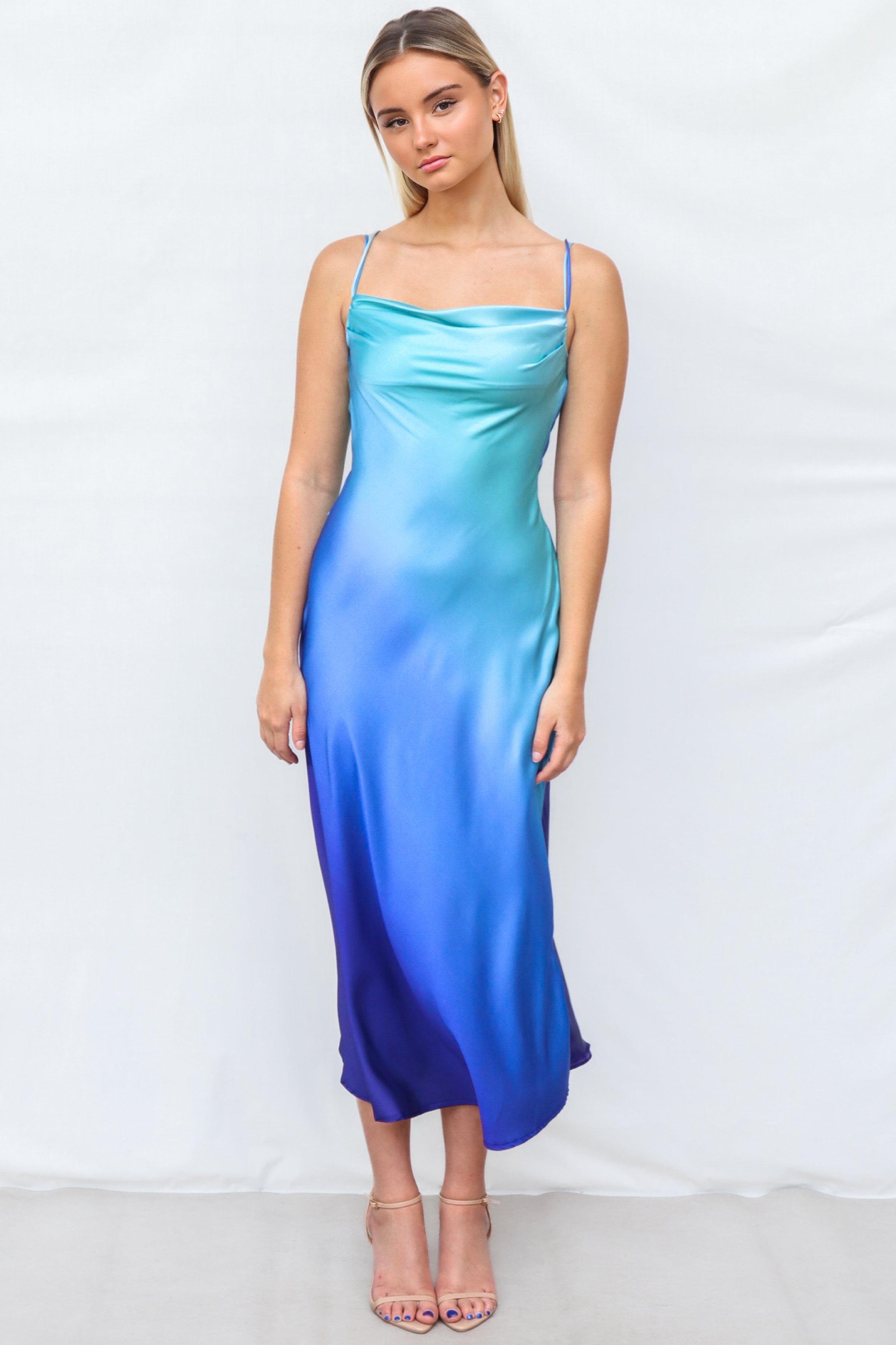 Macy Midi Dress - Blue Satin Sexy Low Back Formal Cocktail Cowl Neck Runway Goddess Macy Midi Dress - Blue Satin Sexy Low Back Formal Cocktail Cowl Neck Runway Goddess