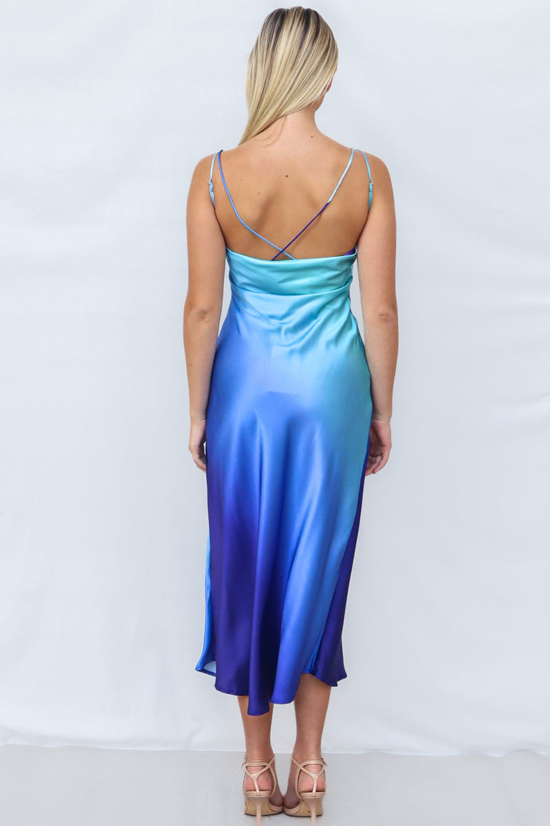 Macy Midi Dress - Blue Satin Sexy Low Back Formal Cocktail Cowl Neck Runway Goddess Macy Midi Dress - Blue Satin Sexy Low Back Formal Cocktail Cowl Neck Runway Goddess