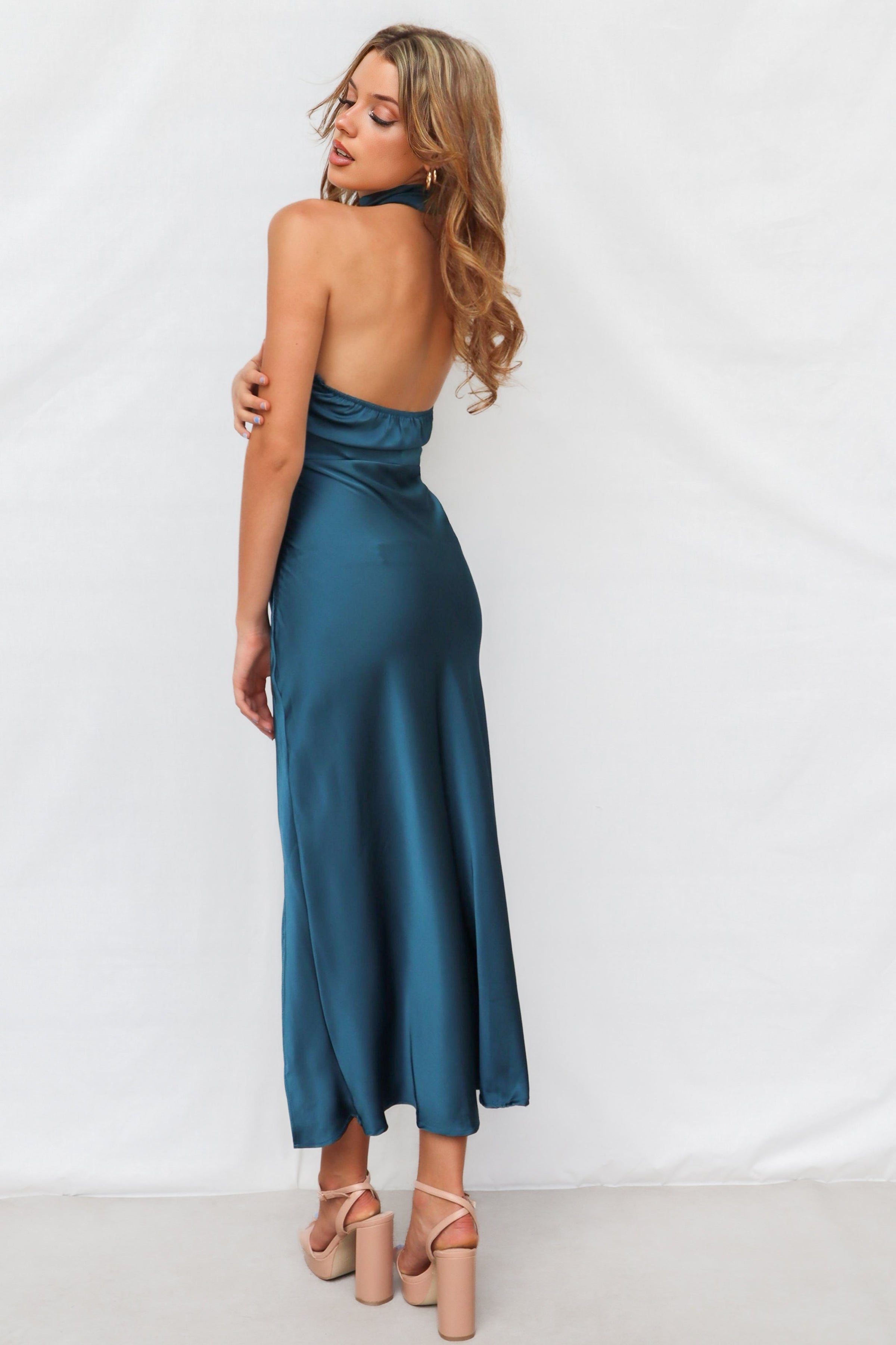 Mindy Midi Dress - Teal Formal Cocktail High Neck Satin High Slit Runway Goddess Mindy Midi Dress - Teal Formal Cocktail High Neck Satin High Slit Runway Goddess