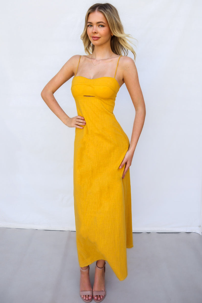 Mona Midi Dress - Mustard Yellow Bust Cutout Beach Spring Picnic Runway Goddess Mona Midi Dress - Mustard Yellow Bust Cutout Beach Spring Picnic Runway Goddess