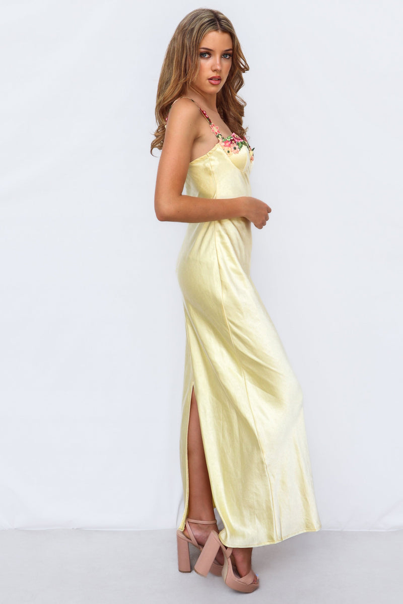 Myrtle Maxi Dress - Yellow Satin Floral Embroidery Maxi Dress – Runway ...