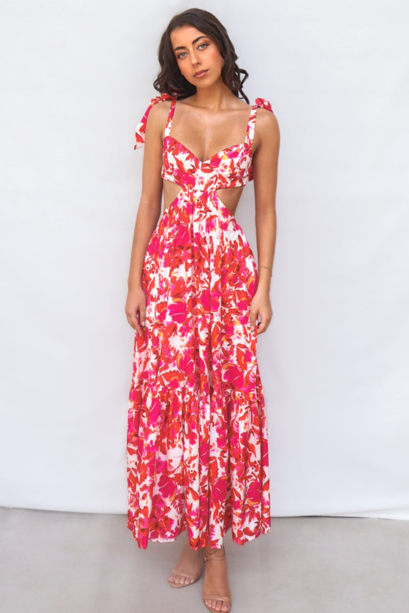 Pedro Maxi Dress - Semi Formal Red Floral Tie Straps Open Back Beachy Runway Goddess Pedro Maxi Dress - Semi Formal Red Floral Tie Straps Open Back Beachy Runway Goddess