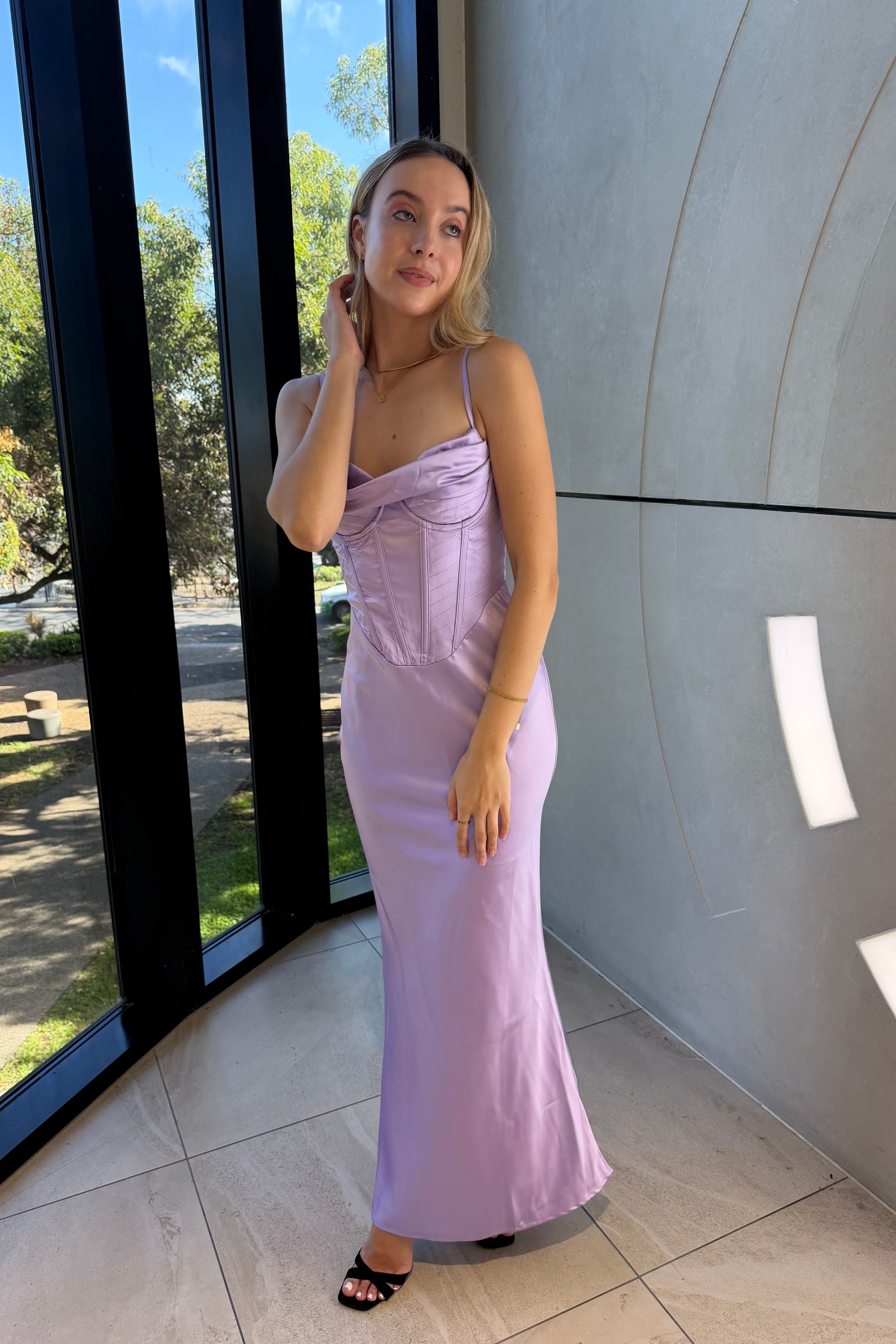 Xena Satin Maxi - Lilac Corset Cocktail Sexy Formal Dress Cowl Neck Runway Goddess Xena Satin Maxi - Lilac Corset Cocktail Sexy Formal Dress Cowl Neck Runway Goddess