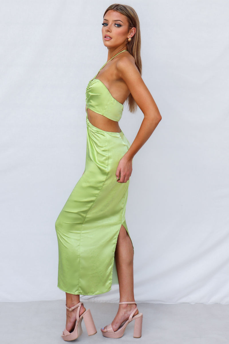 Ramilia Midi Dress - Lime Satin Semi Formal Cross Bust Clubbing Dress Runway Goddess Ramilia Midi Dress - Lime Satin Semi Formal Cross Bust Clubbing Dress Runway Goddess