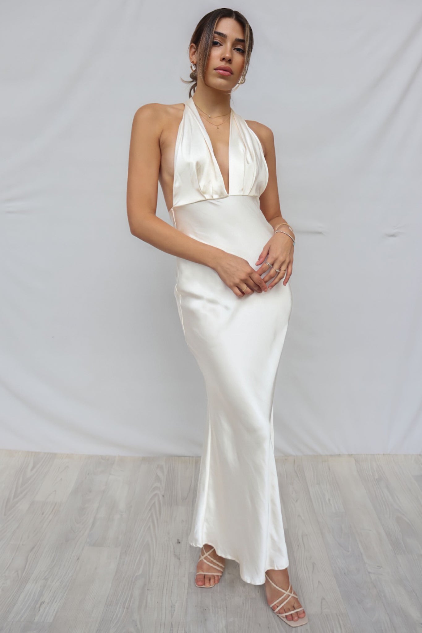 Rue Maxi Dress - Oyster Halter Neck Low Back Satin Formal Sexy Gown ...