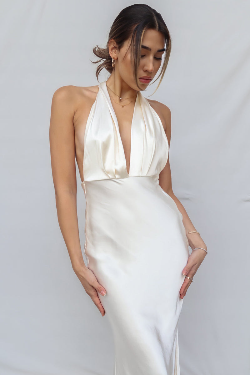 Rue Maxi Dress - Oyster Halter Neck Low Back Satin Formal Sexy Gown ...
