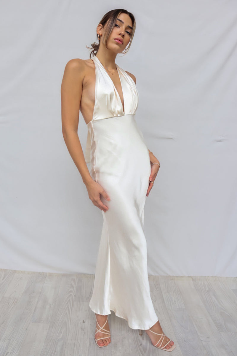 Rue Maxi Dress - Oyster Halter Neck Low Back Satin Formal Sexy Gown ...