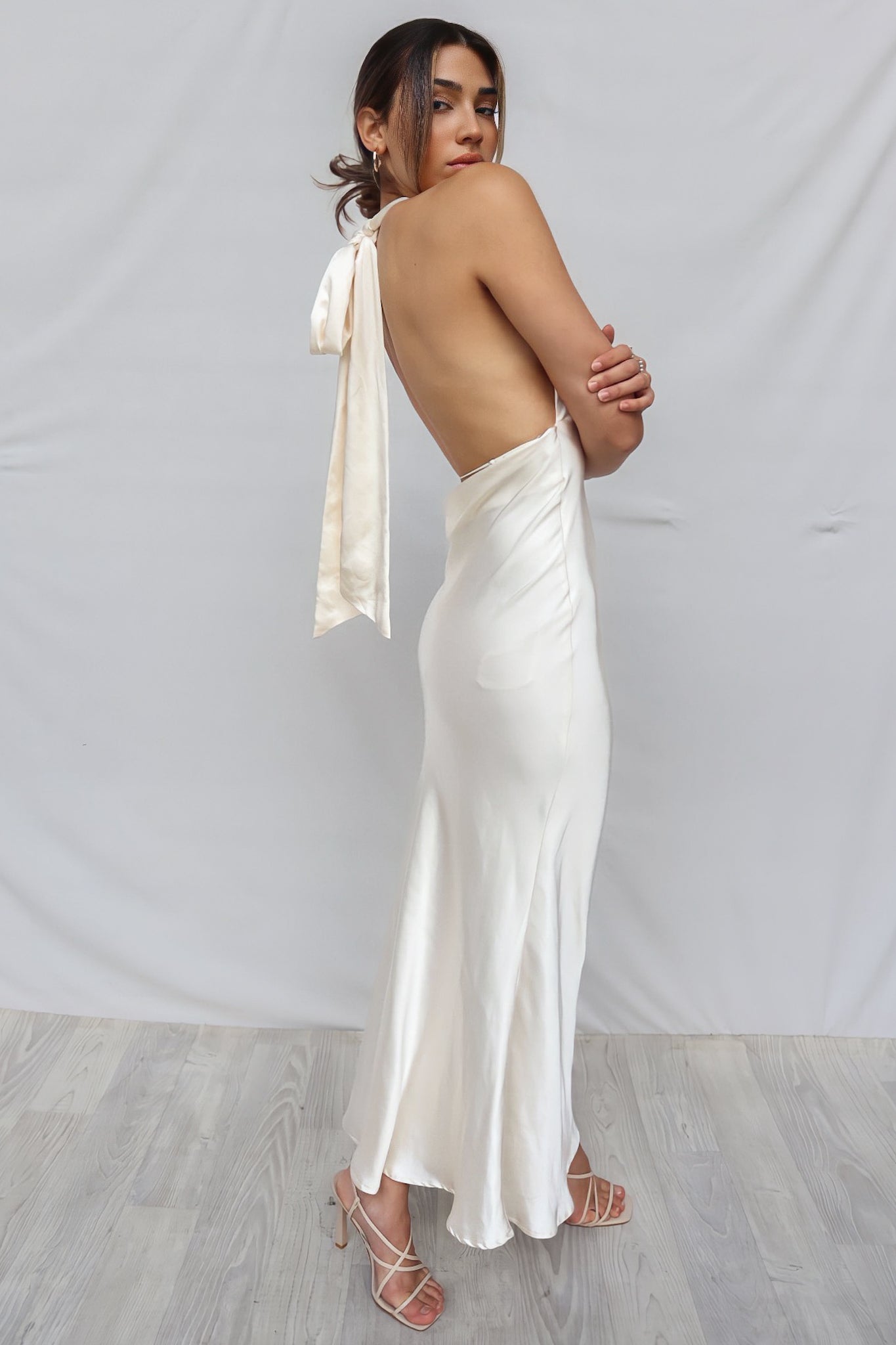 halter neck formal dresses australia Suave - Chamagne Gold Formal Dress | Halter Neck Cowl Scarf backless fitted leg slit XS