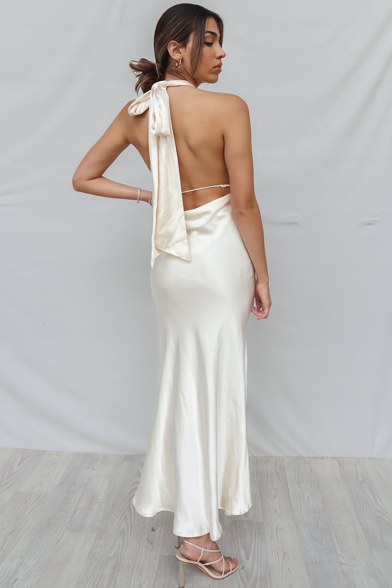 Rue Maxi Dress - Oyster Halter Neck Low Back Satin Formal Sexy Gown ...